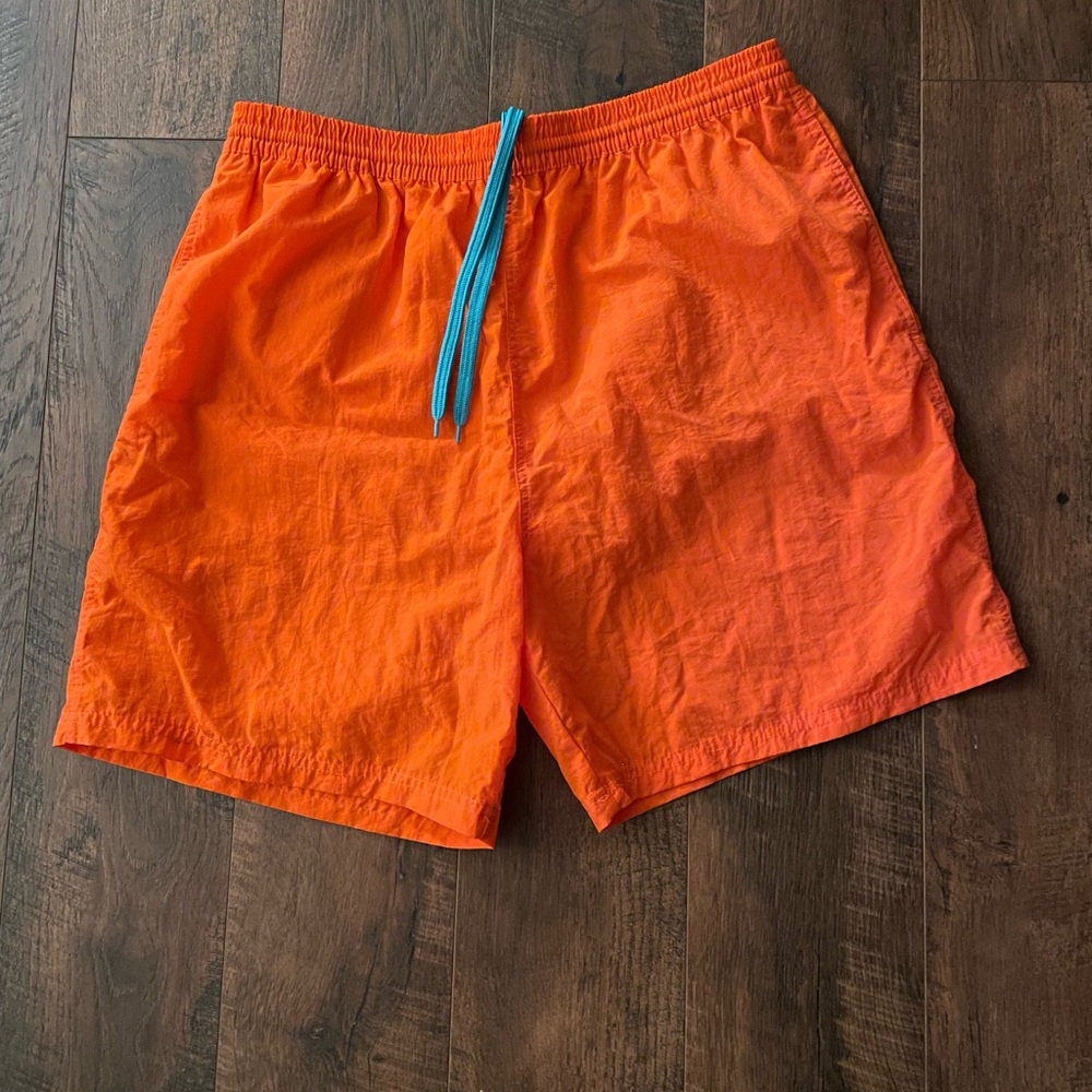 Sand N Sun Size Large Swim Trunks, Orange with Turquoise Drawstring Waist. NWOT